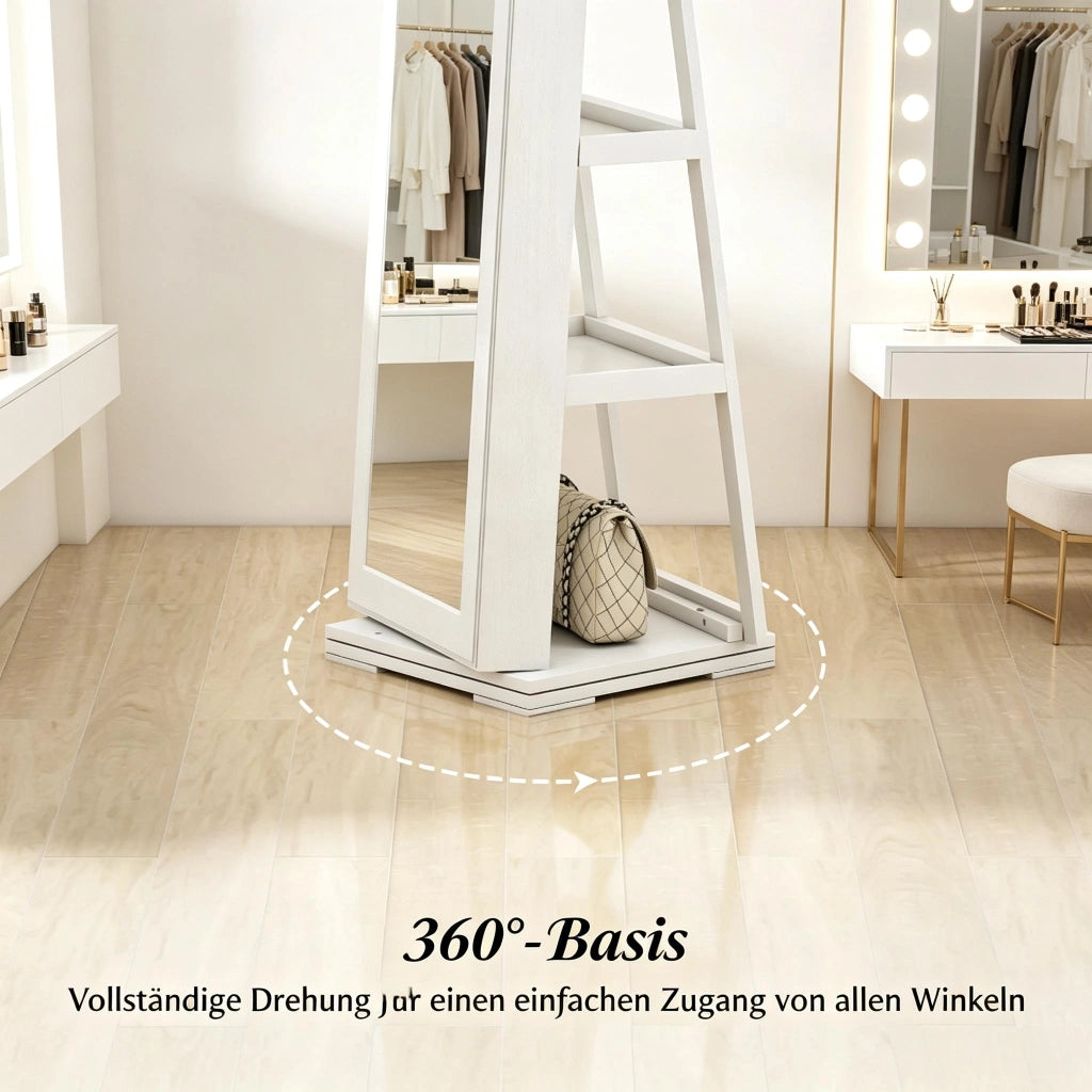 Armadio portagioie con specchio girevole a 360° in MDF e vetro bianco chiudibile con 2 chiavi 38 × 38 × 160 cm