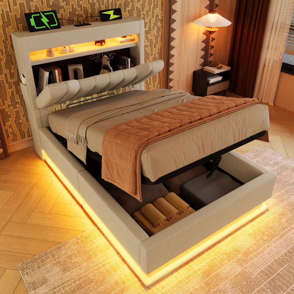 Letto singolo imbottito 90x200 cm con LED, testiera con USB e Type-C, beige