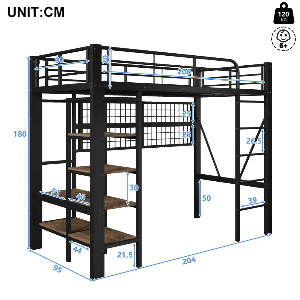 Letto a soppalco singolo 90x200 cm con LED regolabile; ripiano e rete appendioggetti; nero