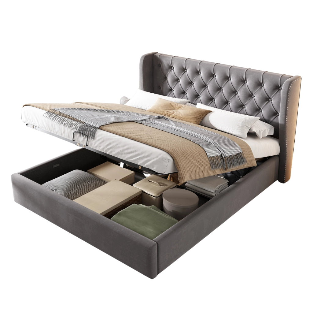 Letto matrimoniale 140x200 cm con contenitore idraulico e rete in velluto grigio