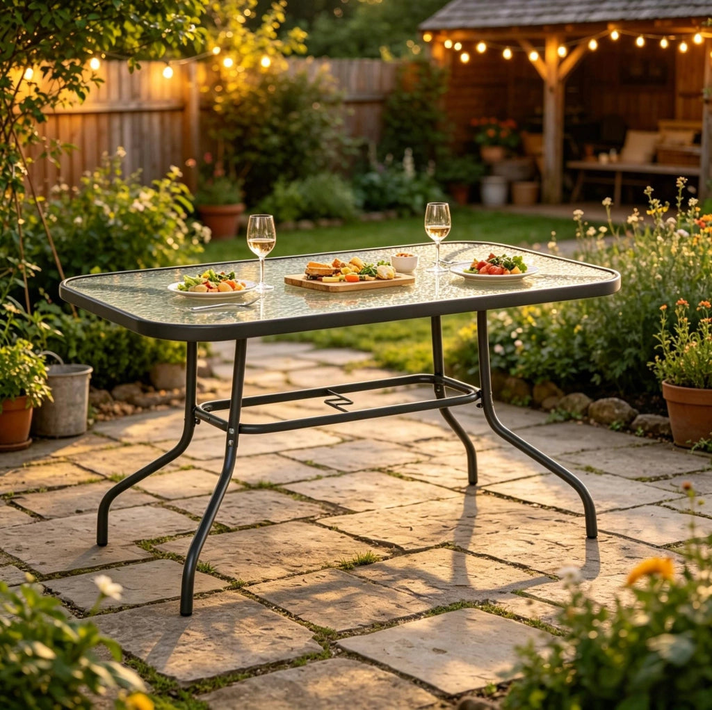 Tavolo da Giardino Rettangolare con Foro per Ombrellone, 120x80x70 cm, Metallo e Vetro Temperato, Nero