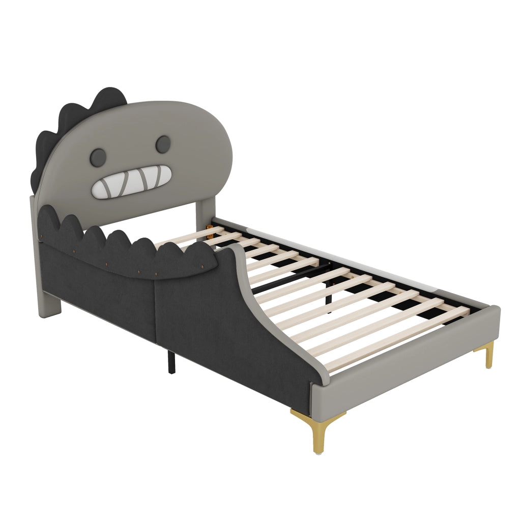 Letto singolo 90 × 200 cm con testiera a dinosauro in PU e MDF grigio