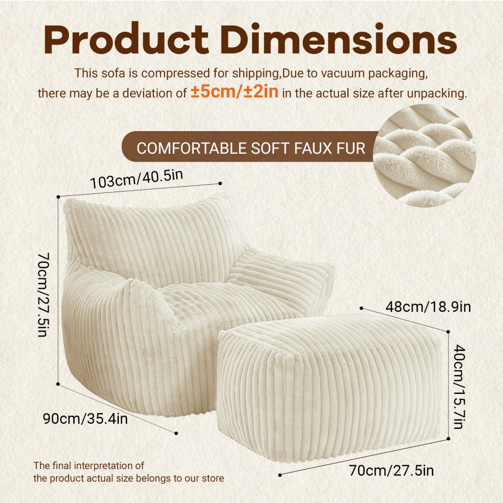 Chaise longue con pouf - supporto ergonomico a 5 zone - in flanella - bianco