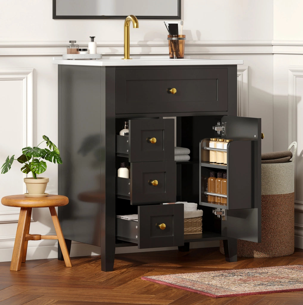 Mobile sottolavabo 61 cm con lavabo in ceramica, MDF nero lucido e 3 cassetti