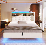 Letto imbottito 140x200 cm beige con LED, vano idraulico e USB