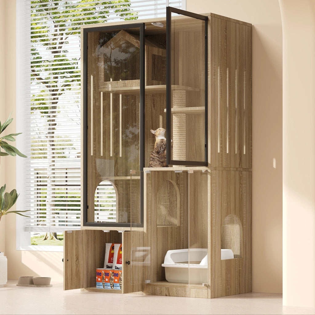 Gabbia per gatti 90x50x160 cm con porta panoramica in vetro temperato e ripiani; naturale
