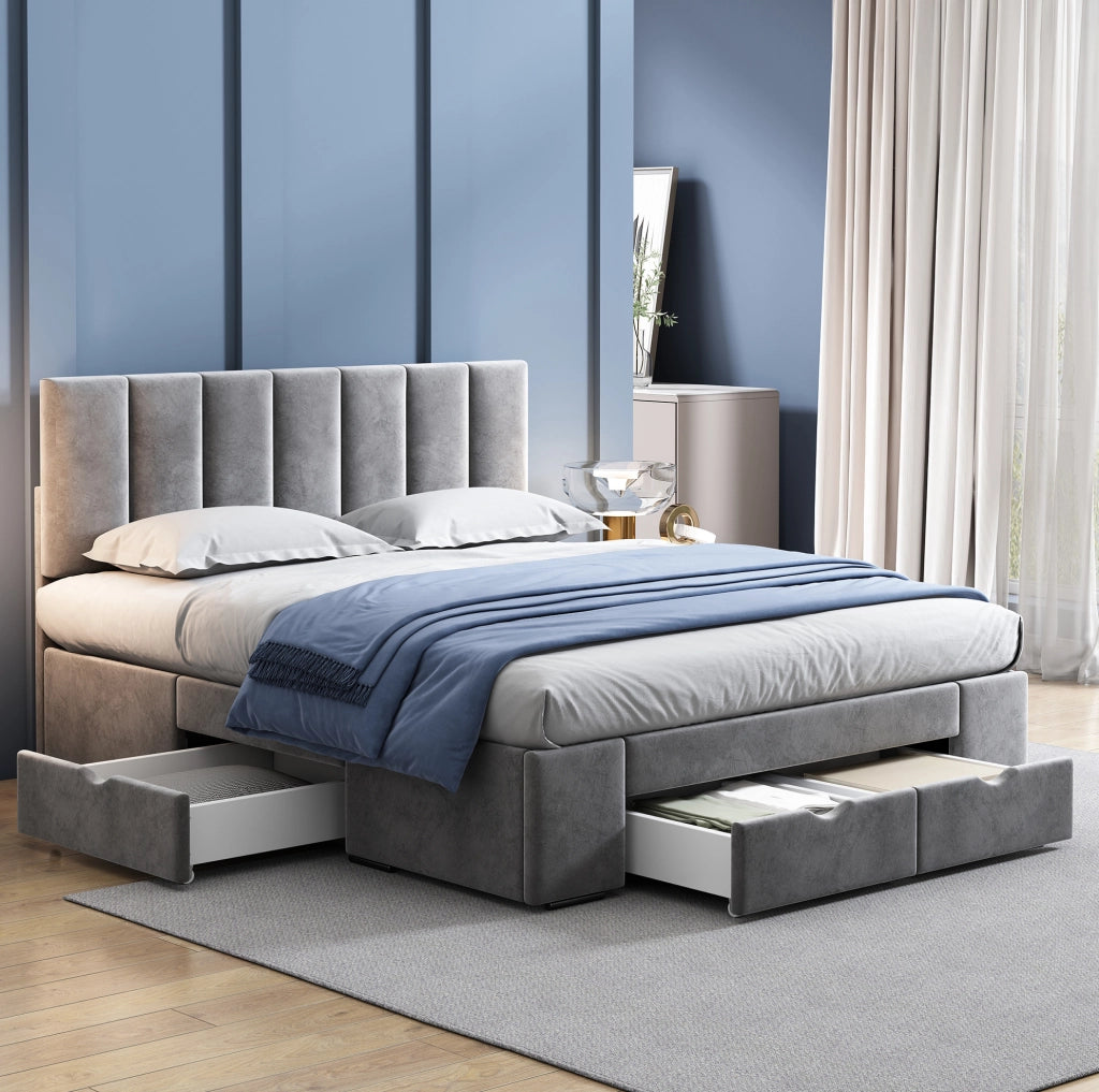 Letto imbottito grigio 140x200 cm in velluto con rete e 4 cassetti