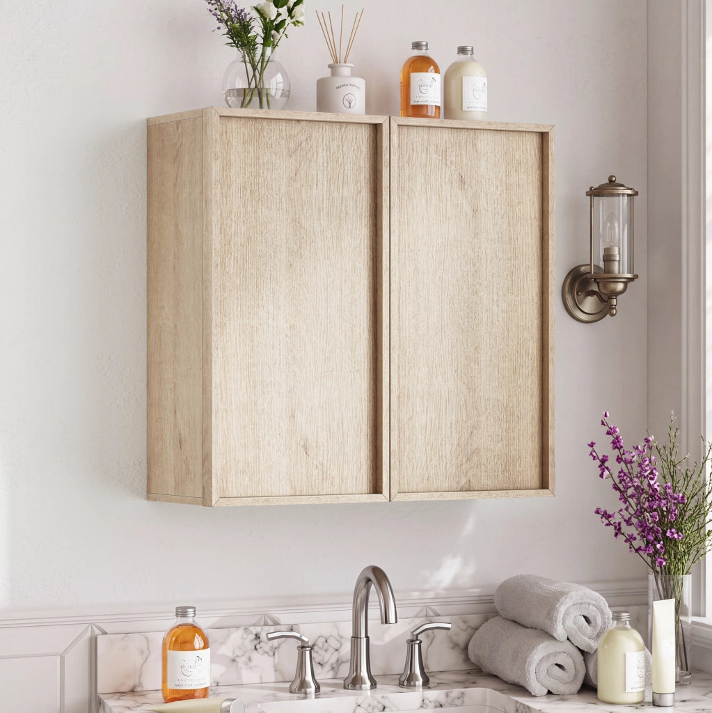Mobiletto bagno da parete in MDF e truciolato effetto rovere senza maniglie, 60x21,6x58 cm