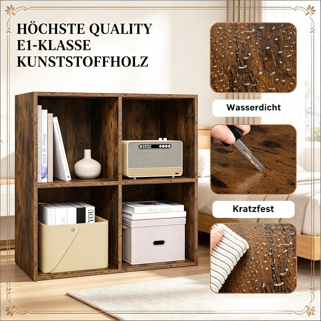 Libreria a cubi a 4 scomparti in legno ingegnerizzato marrone rustico con antiribaltamento 59.6 × 59.8 × 29 cm