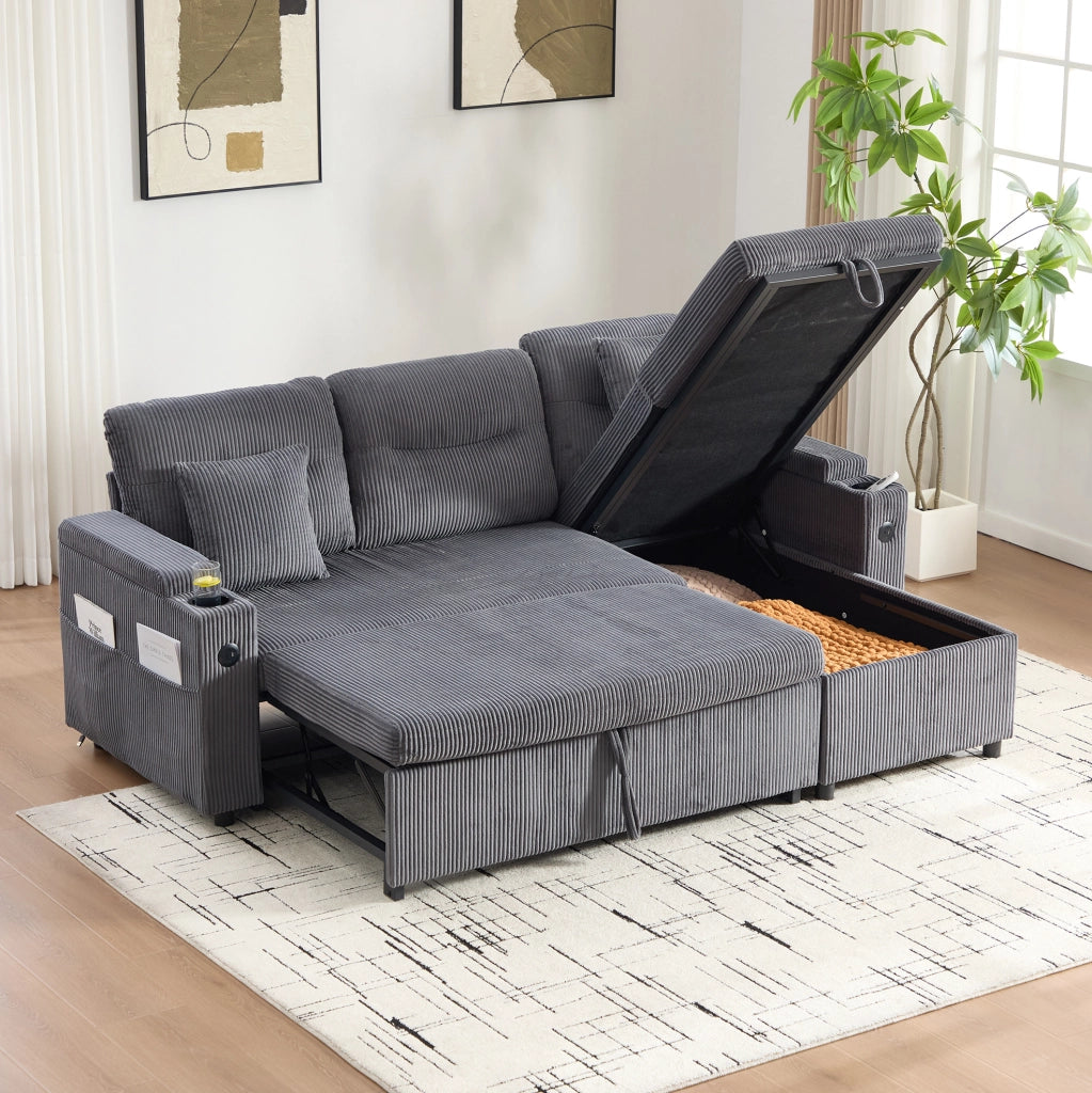 DIVANO 3 Posti con Chaise Longue Contenitore e Letto Estraibile in Velluto a Coste Grigio