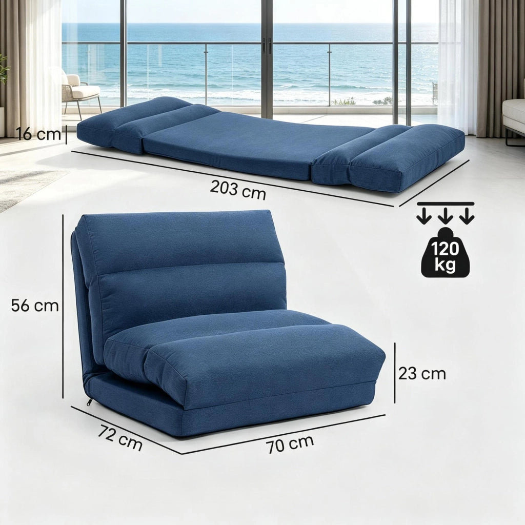 Poltrona da pavimento blu regolabile e trasformabile