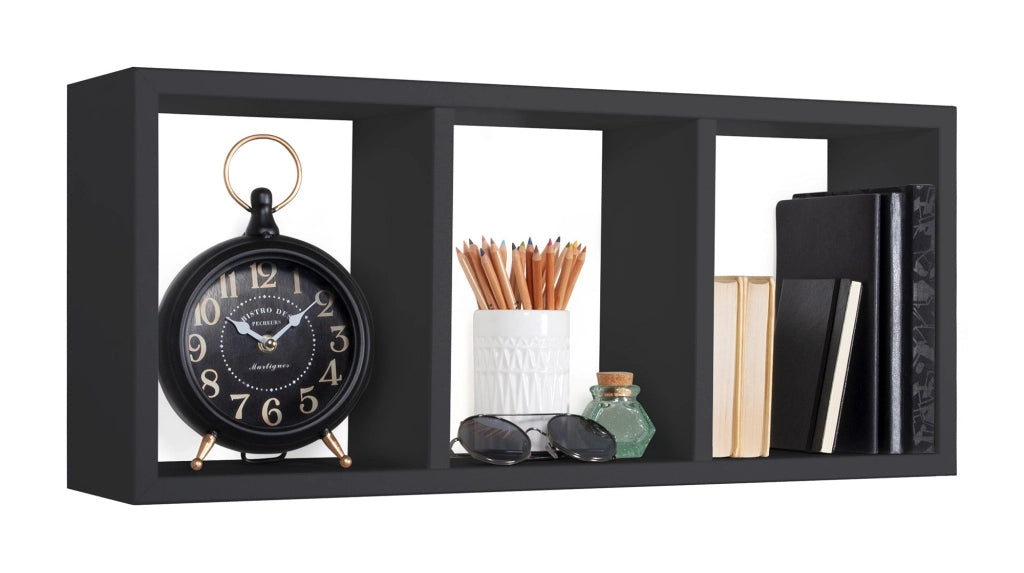 Mensola Rettangolare 3 Scomparti da Parete 70x30x15.5 cm in Fibra di Legno Tristano Nero