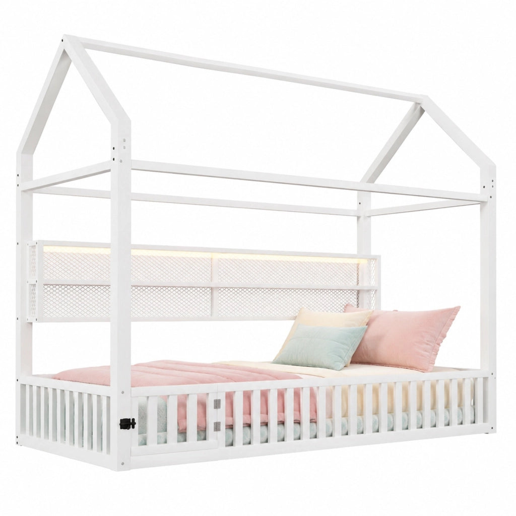 Letto per bambini a forma di casa 90x200 cm con recinto di sicurezza e LED; metallo bianco