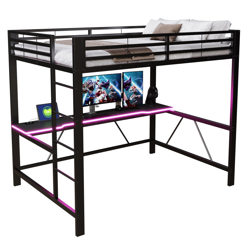 Letto a soppalco gaming in metallo con LED, USB e scrivania, 140x200 cm, nero