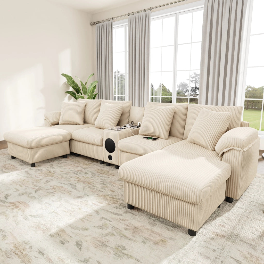 Divano modulare a U e L da 4 a 6 posti in velluto a coste beige con console Bluetooth ricarica e portabevande