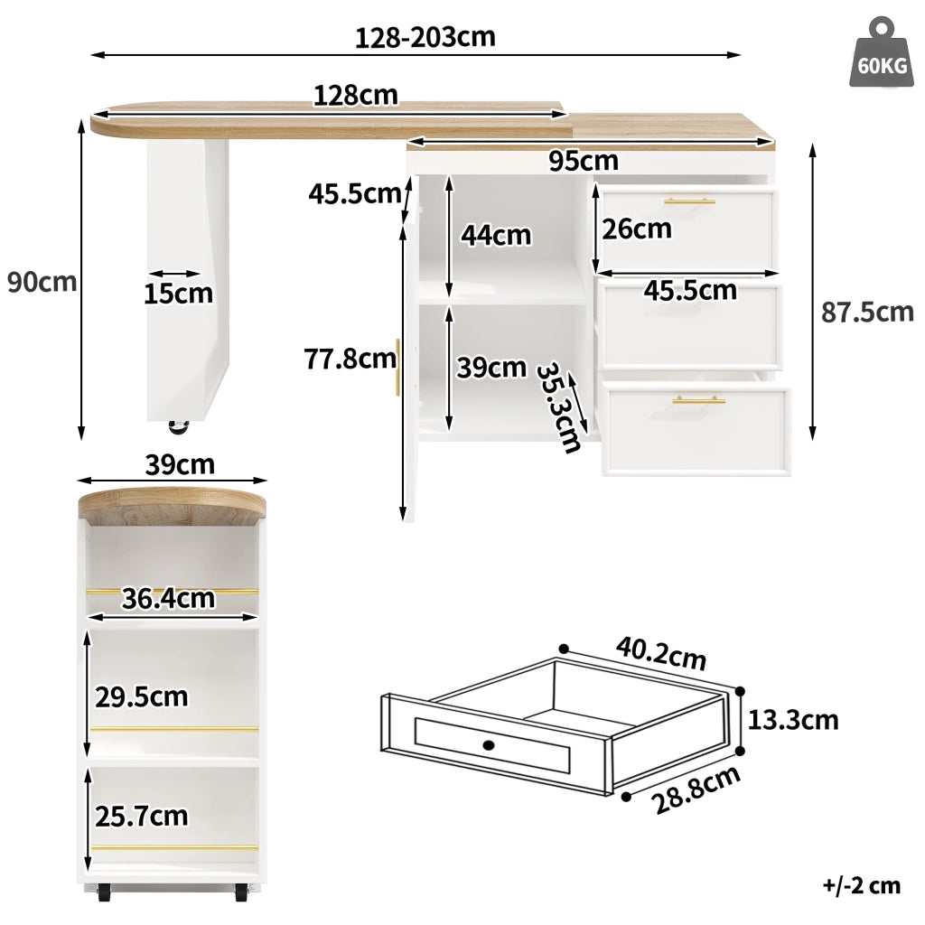 Buffet bar bianco con piano girevole a 360¡ã, 3 cassetti e ripiani regolabili, MDF e metallo, per sala da pranzo