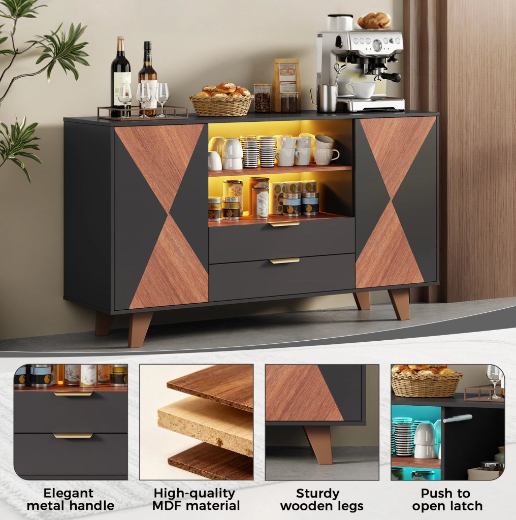 Credenza da cucina 150x40x90 cm con LED RGB; 2 cassetti e ripiani regolabili in MDF; naturale e nero