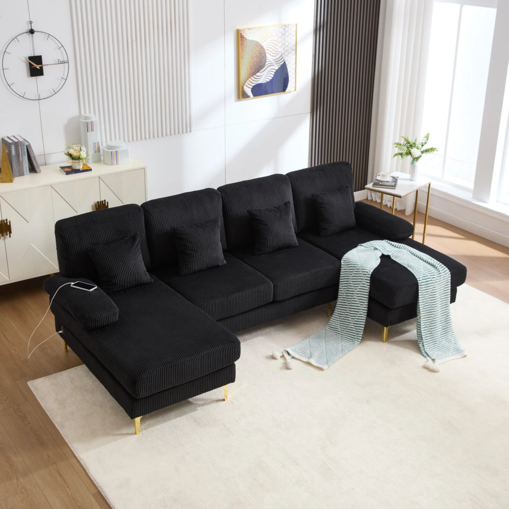 Divano a U con LED e porta USB; 265x135x88 cm; in velluto nero