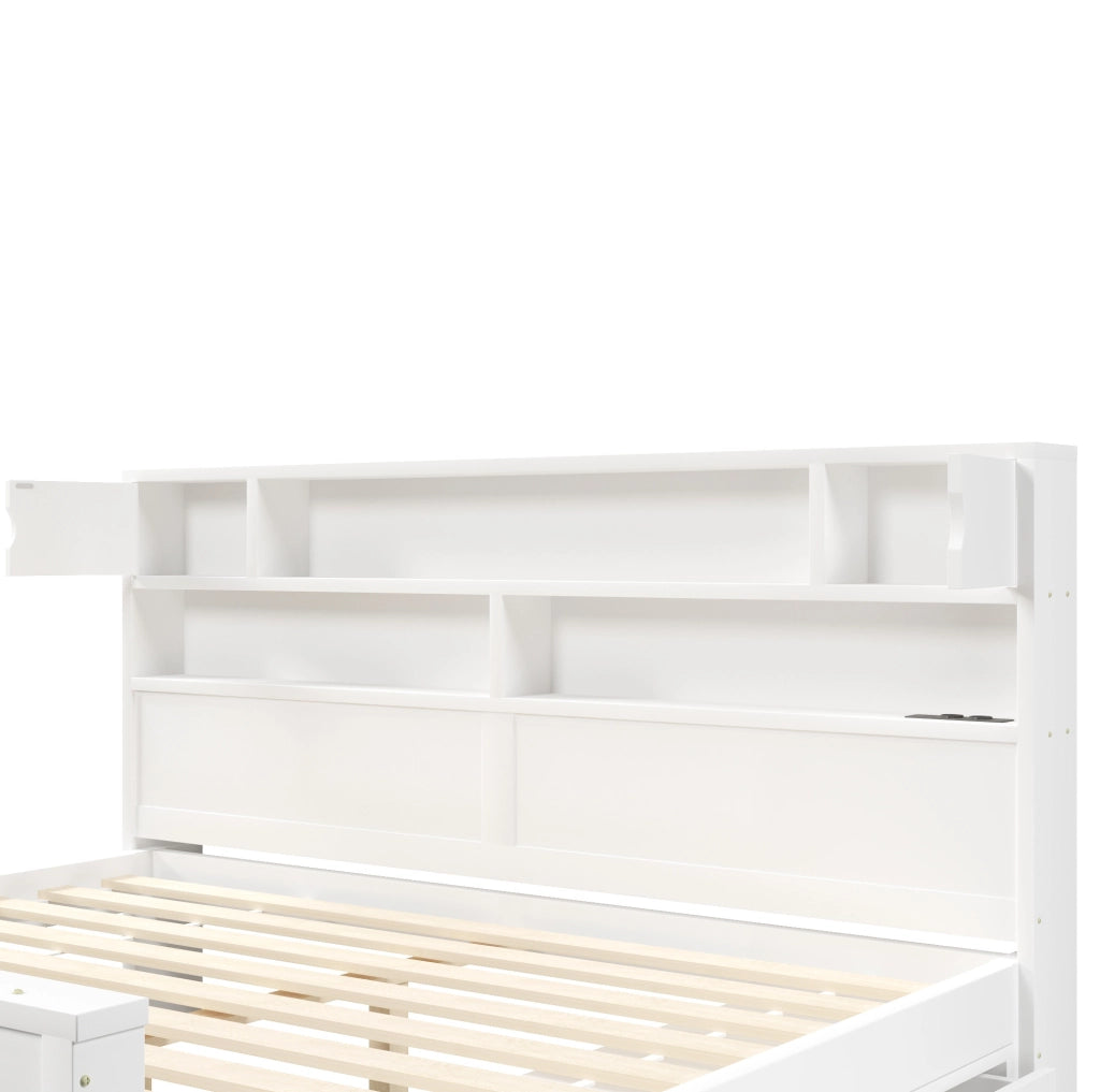 Letto 180x200 cm con testiera libreria, LED regolabile, USB e 4 cassetti in MDF bianco