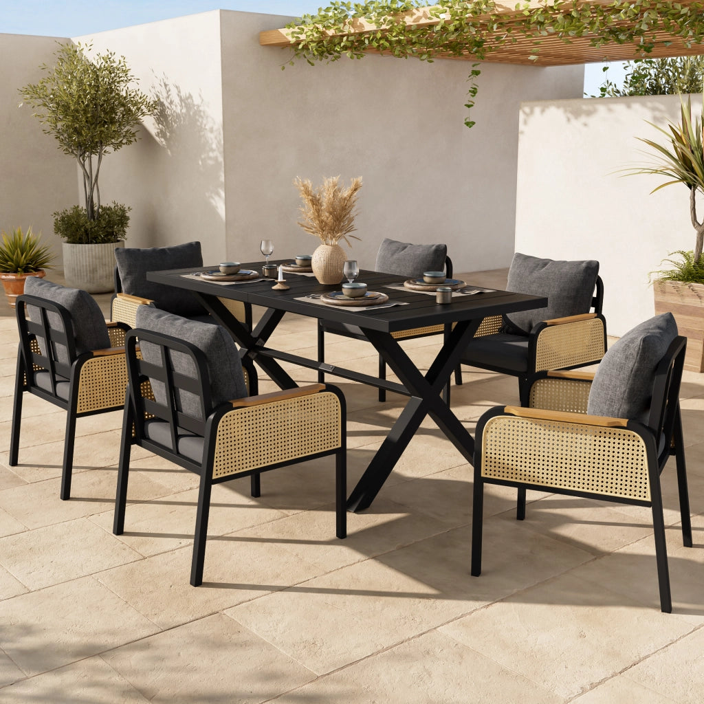 Set da pranzo da esterno con tavolo e 6 sedie in ferro, rattan PE nero e naturale
