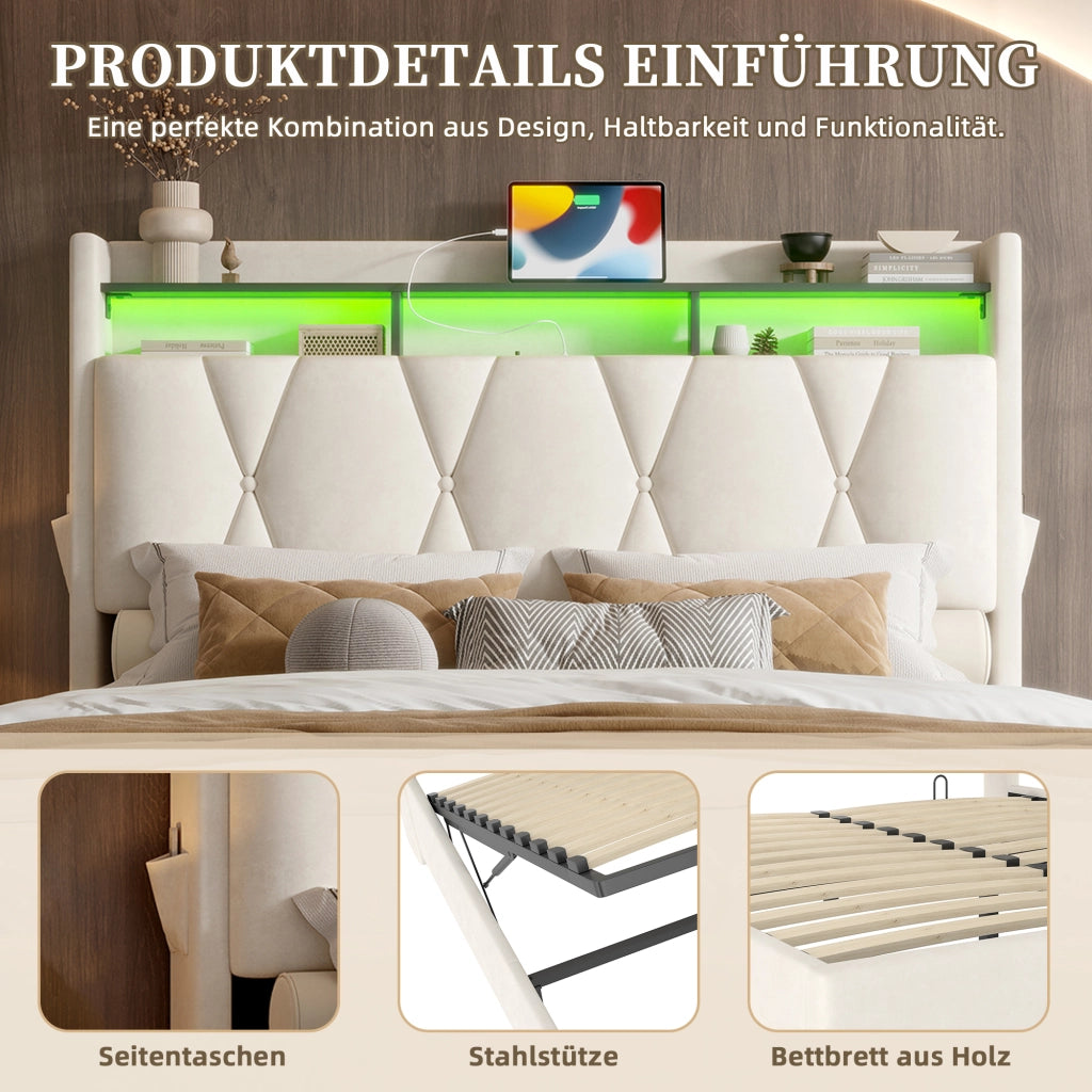 Letto Contenitore 140x200 cm con LED; USB e Type-C; Beige in Velluto
