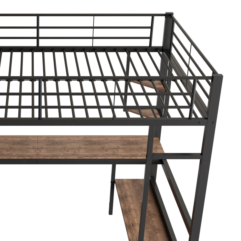 Letto a soppalco 90x200 cm in metallo con scrivania e libreria, nero