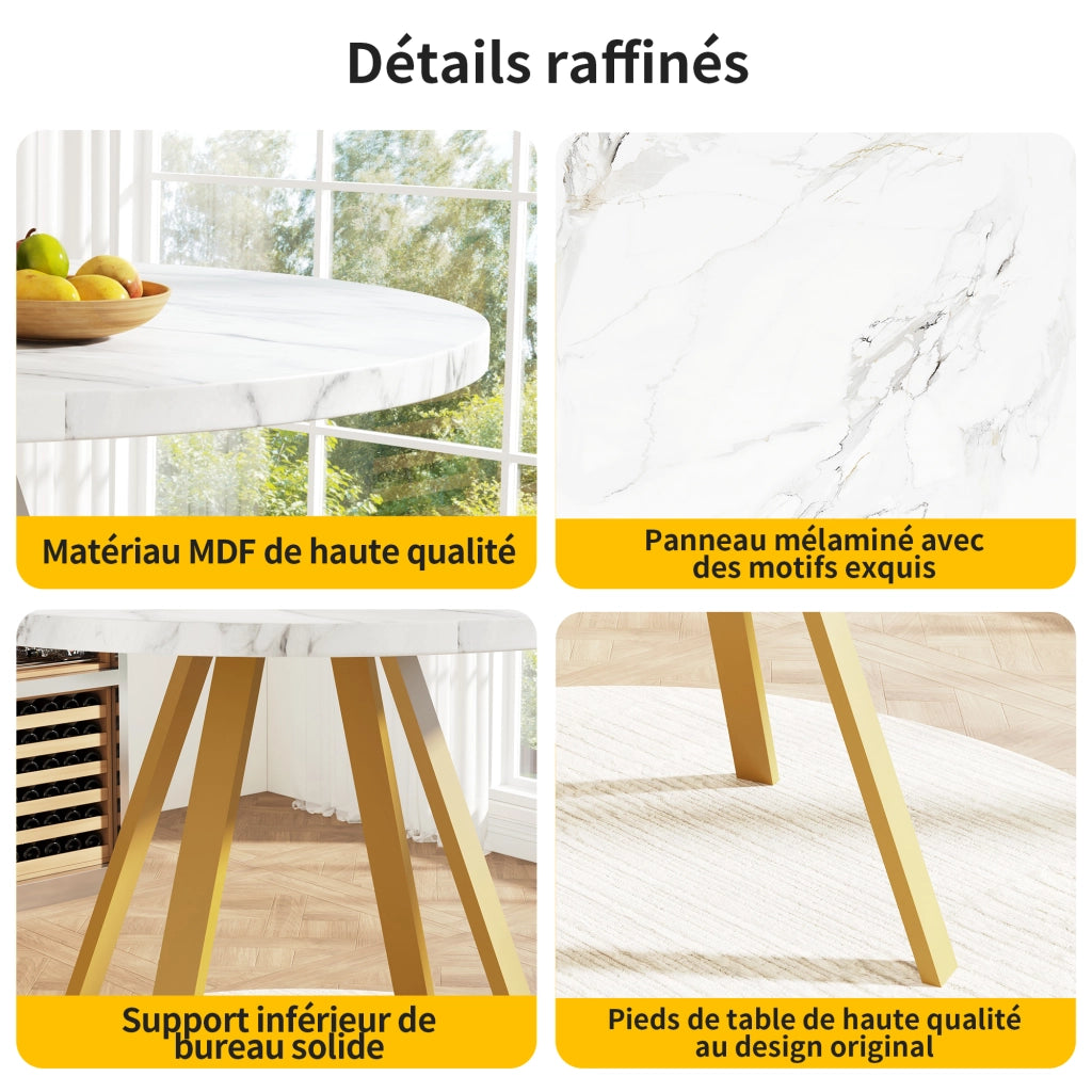 Tavolo da pranzo rotondo in MDF con gambe in metallo bianco effetto marmo e oro per sala da pranzo 80 × 80 × 75 cm
