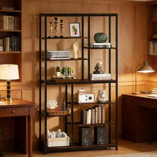 Libreria con ripiani aperti, stile industriale, in metallo, marrone rustico, per soggiorno, 100 × 30 × 200 cm