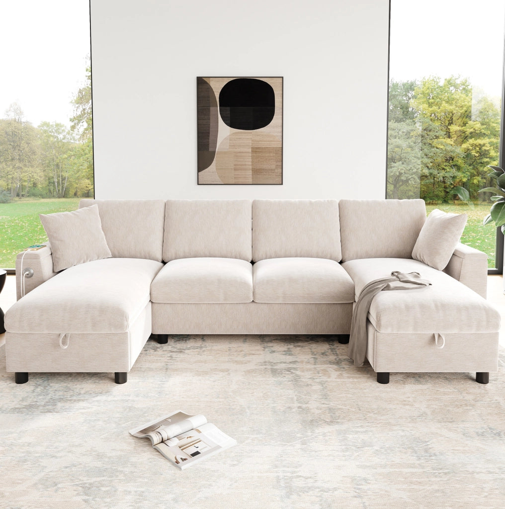 Divano a U in ciniglia beige con vano contenitore; USB e Type-C; 279 × 135 × 84 cm