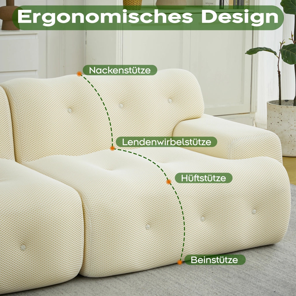 Divano modulare 2 posti con braccioli larghi e imbottitura a bottoni in tessuto beige senza montaggio 224 × 104 × 66 cm