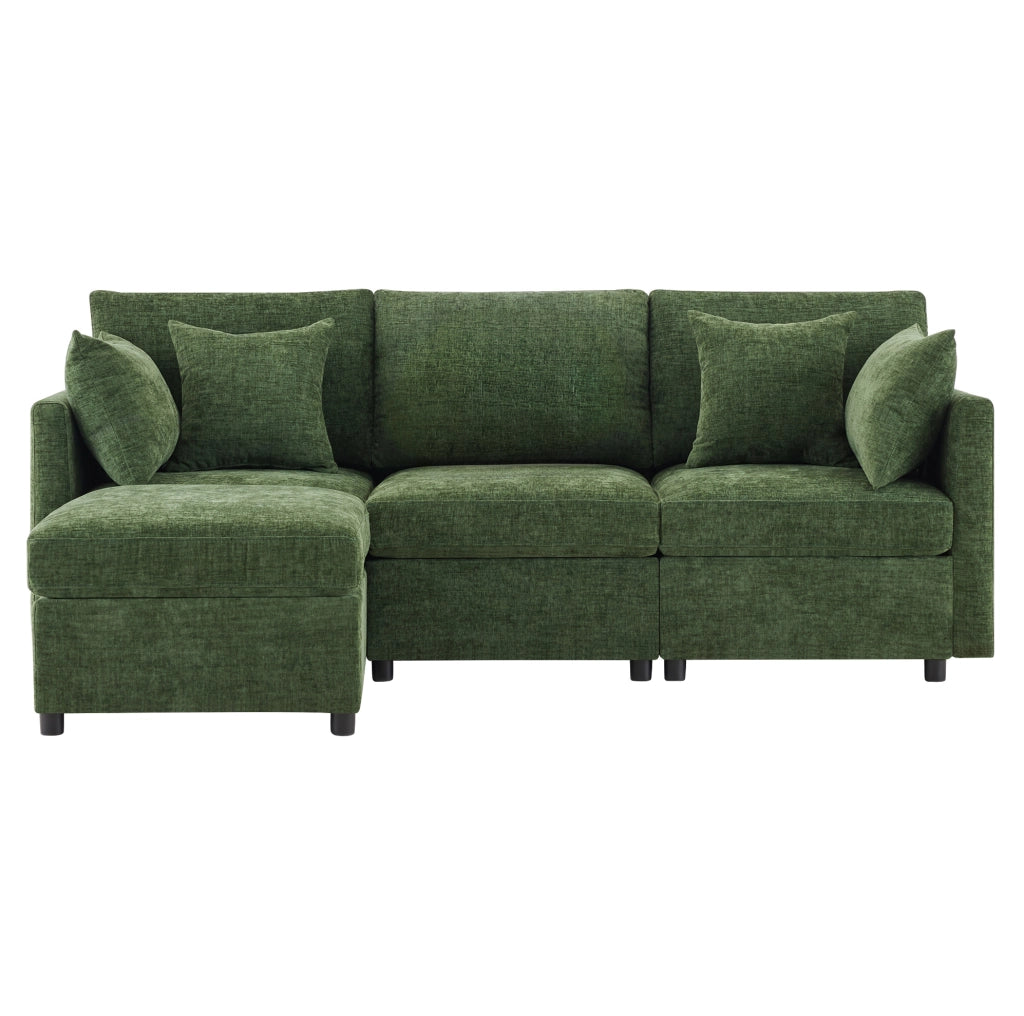 Divano angolare modulare a L con chaise longue e 4 cuscini in tessuto Chenille, 3 posti, colore verde, ideale per soggiorno e ufficio