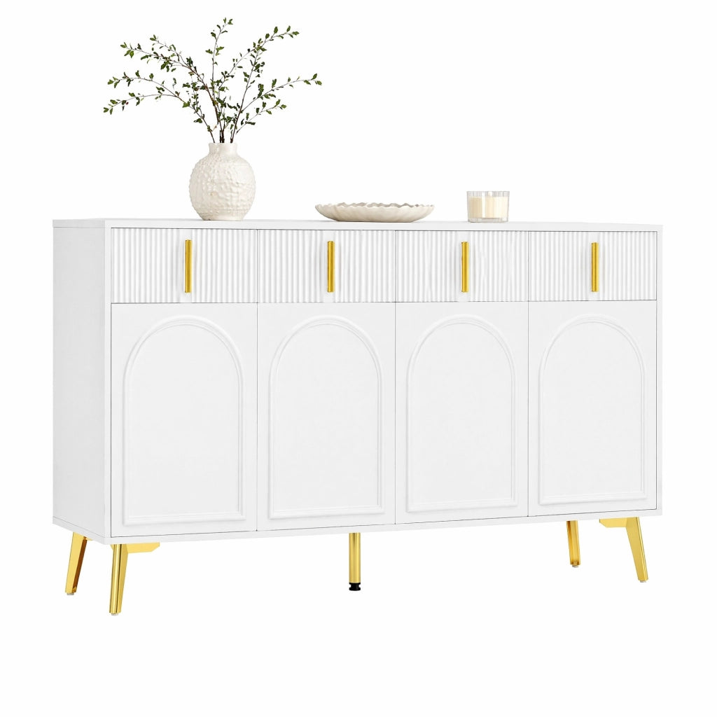 Credenza 140 cm con 4 ante; 4 cassetti e ripiani regolabili; MDF bianco con dettagli dorati
