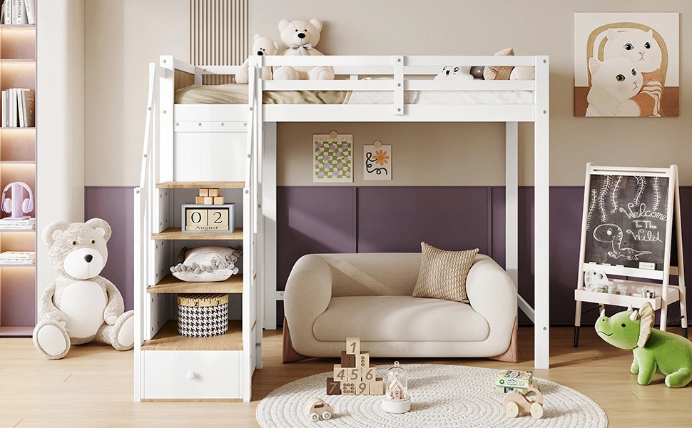 Letto a soppalco per bambini con scrivania; pino e MDF; bianco e naturale; protezioni; 90x200 cm