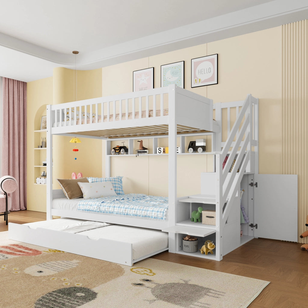 Letto a castello per bambini con letto estraibile; armadio; scaffale e vano contenitore 90x200 cm bianco