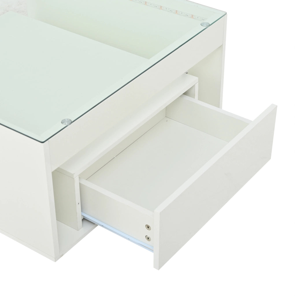 Tavolino da salotto 70x70 cm con 2 cassetti; LED e piano in vetro temperato bianco HOMVRA