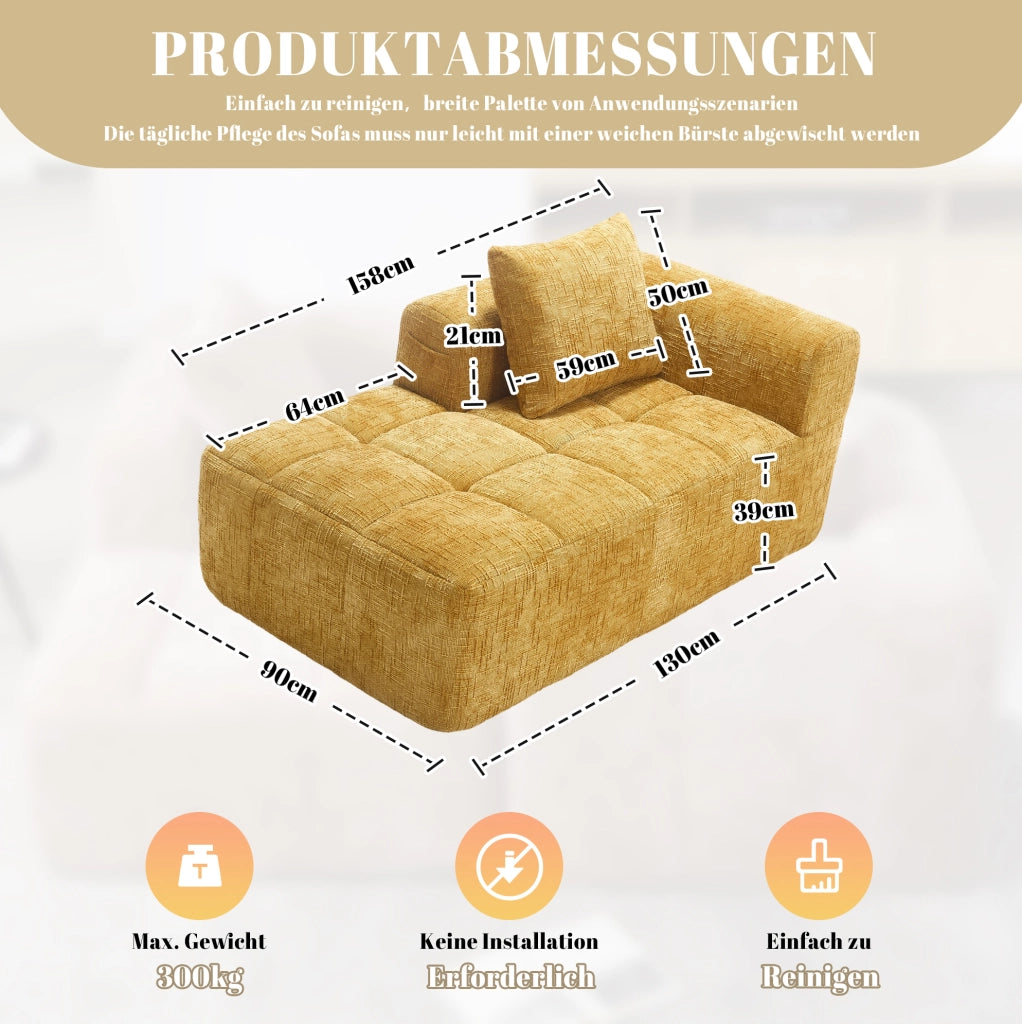 Divano chaise longue in ciniglia giallo con tasche laterali e cuscino