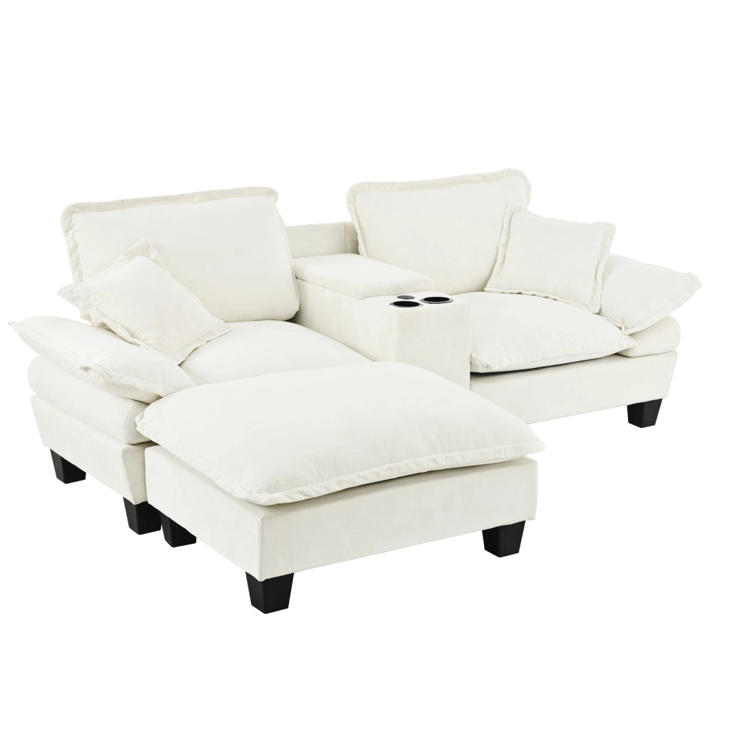 Divano Angolare Modulare con Ottomane ¨C MINIMAL ¨C Chenille Beige, Portabicchieri, USB, Cuscini