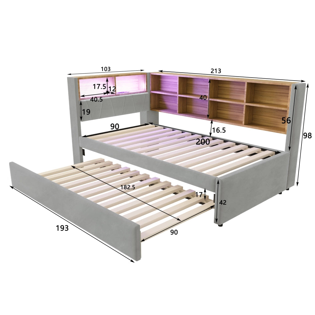 Letto con letto estraibile 90 × 200 cm con LED USB Type-C presa e vani portaoggetti in flanella grigio chiaro