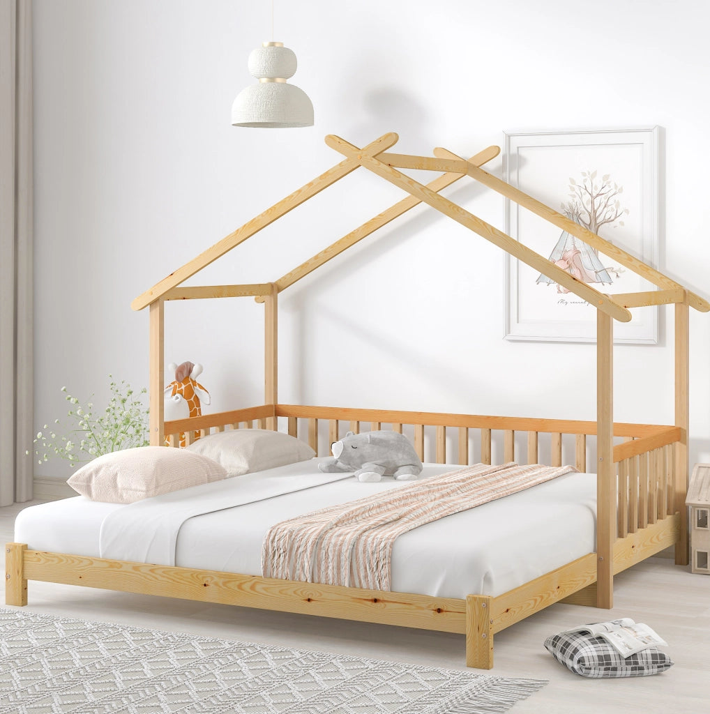 Letto a castello in legno massello di pino, letto singolo e matrimoniale estraibile, design a casetta naturale (200x90cm & 200x180cm)