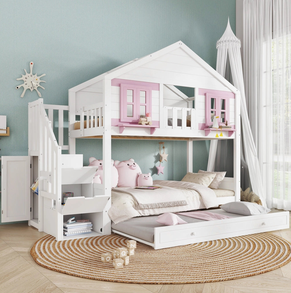 Letto a castello 90x200 cm bianco e rosa in legno e MDF, estraibile,