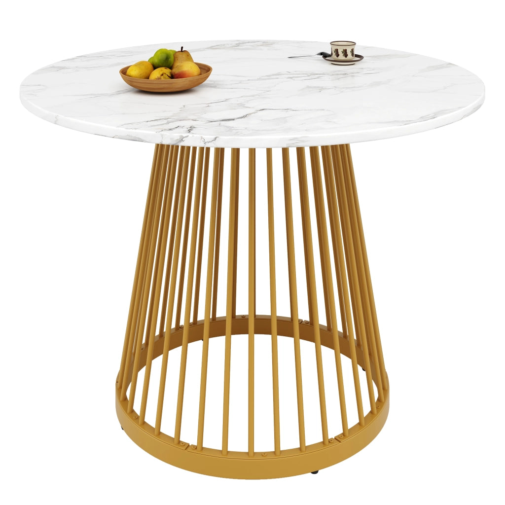 Tavolo da pranzo rotondo in MDF e metallo, bianco e oro, stabile e versatile per 4 persone