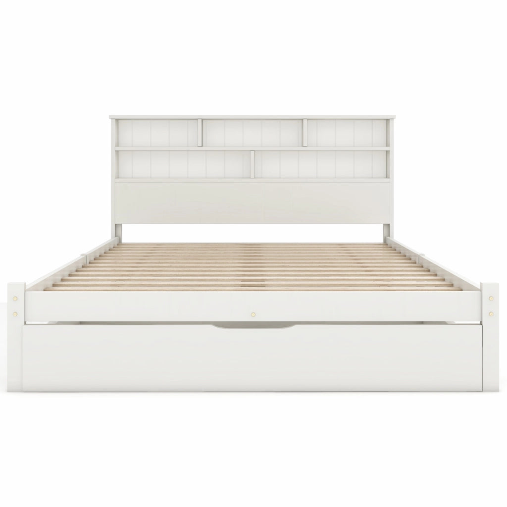 Letto matrimoniale 140x200 cm in legno massello bianco con cassetti e testiera libreria