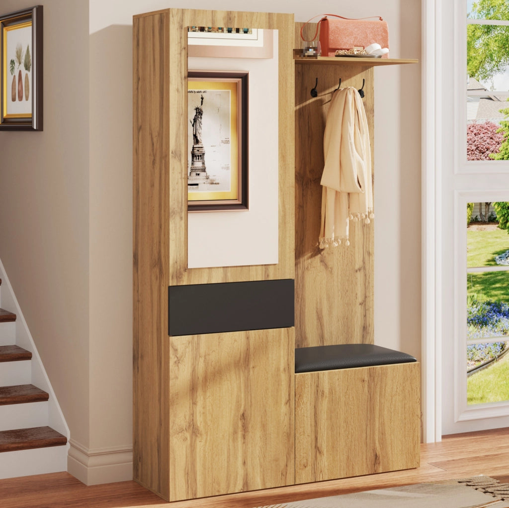 Set guardaroba da ingresso nero e legno con specchio