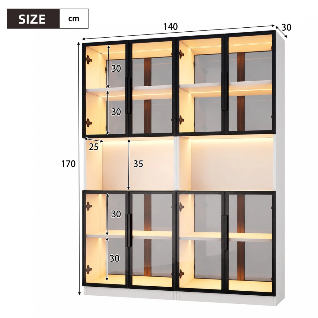 Vetrina a due elementi 140 x 30 x 170 cm con illuminazione LED e ante in vetro grigio; MDF e vetro; bianca