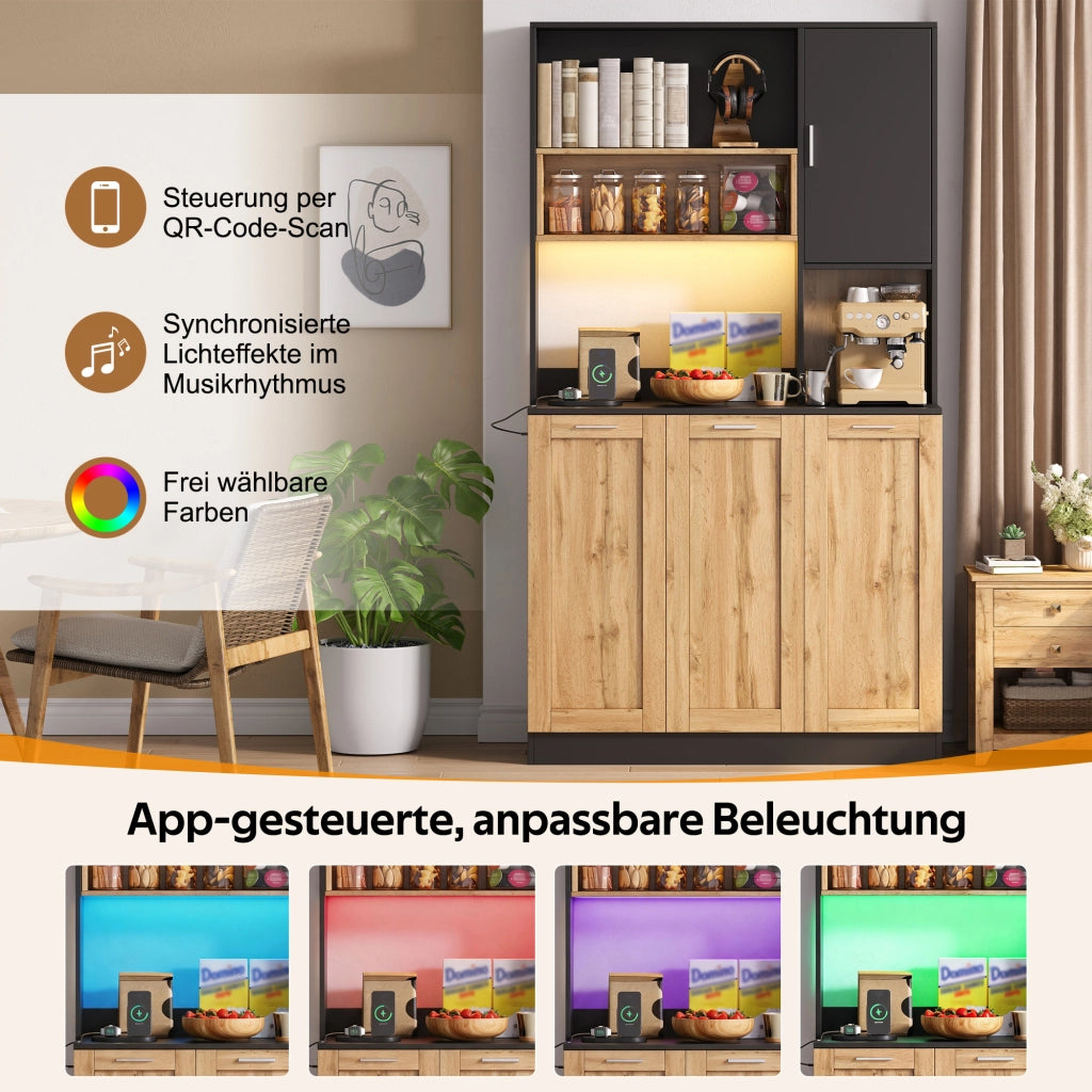 Mobile colonna cucina con LED RGB prese e ripiani regolabili MDF naturale e nero 100 × 40 × 180 cm