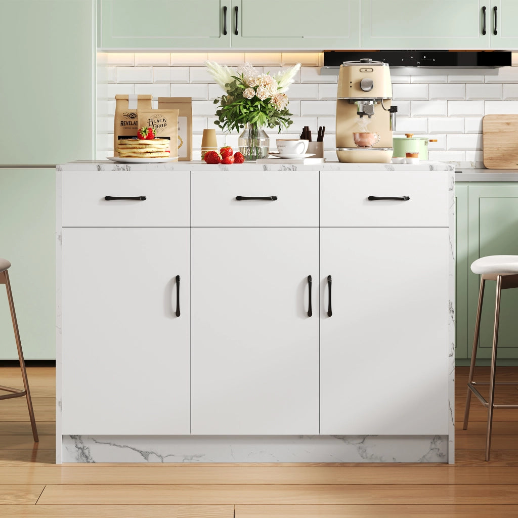 Mobile base da cucina con area bar; 3 cassetti e 3 ante con ripiani regolabili bianco effetto marmo 120 × 60 × 90.5 cm