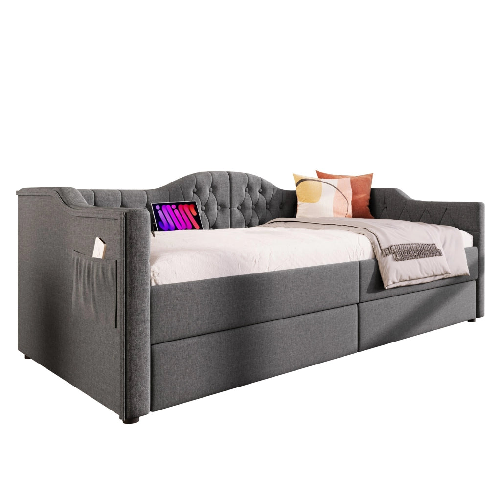 Letto da giorno imbottito 90x200 cm con 2 cassetti; USB e Type-C; lino grigio