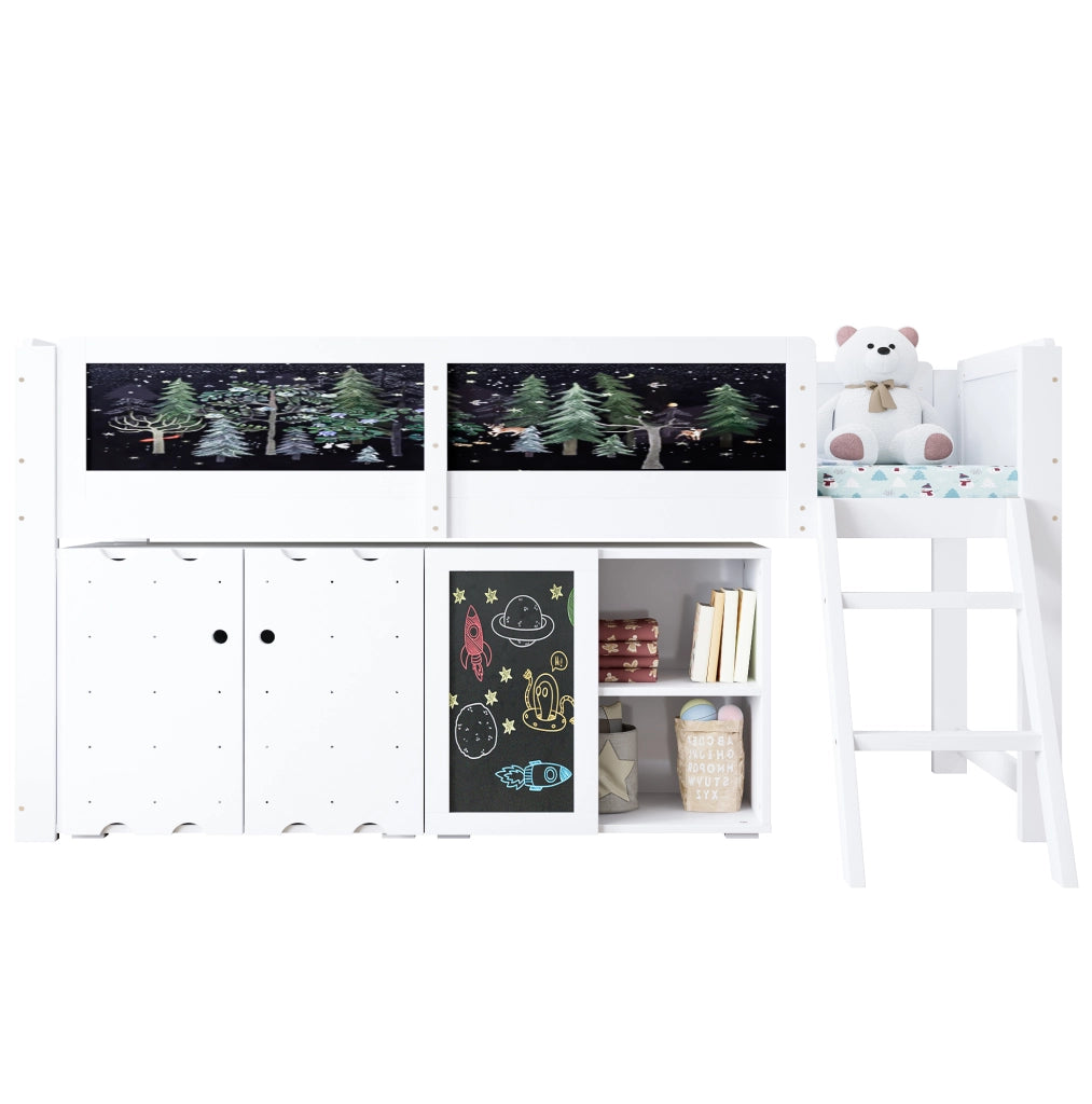 Letto a soppalco bambini 90x200 cm con armadio e lavagna