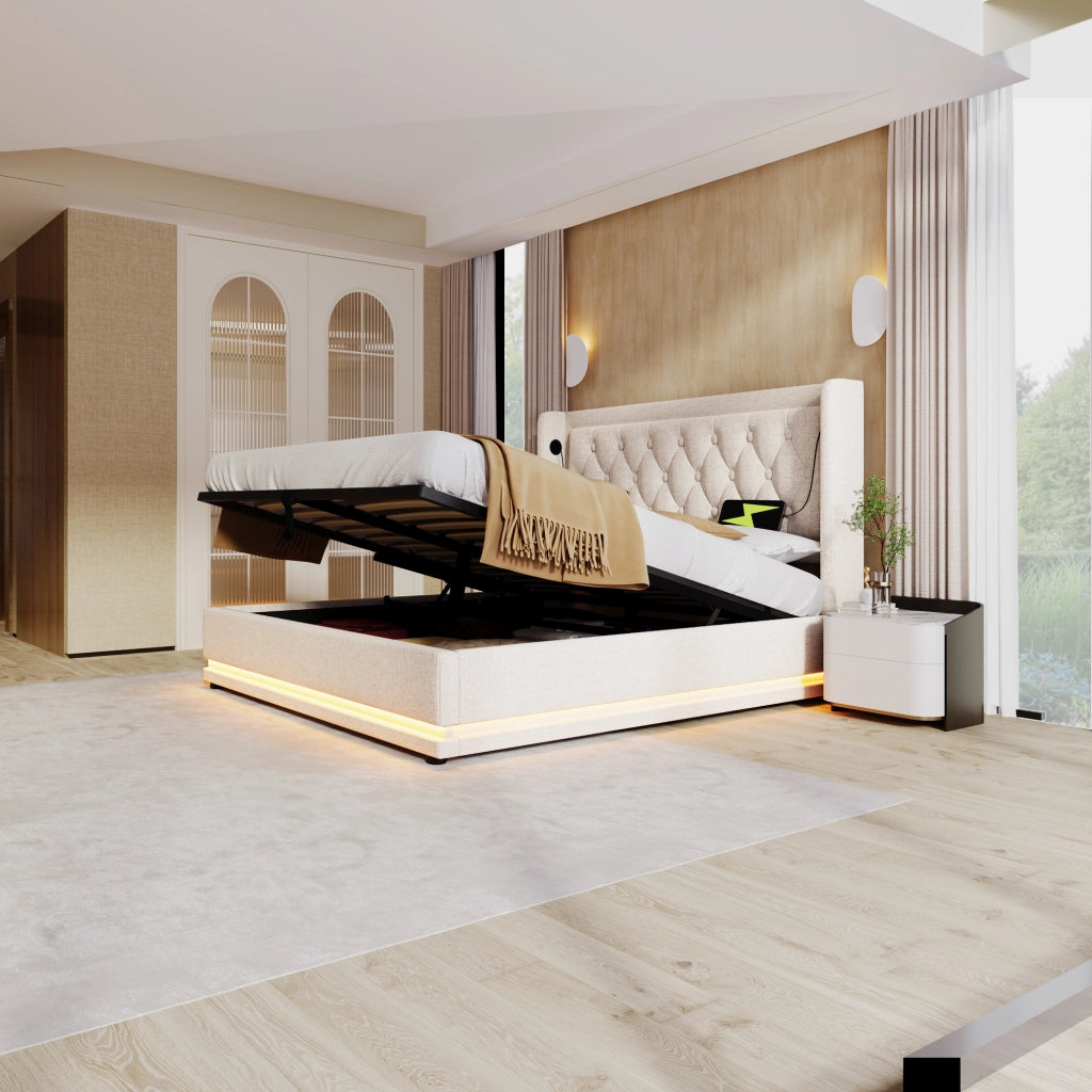 Letto matrimoniale contenitore 140 × 200 cm in cotone beige con materasso a 7 zone LED USB e USB Type C