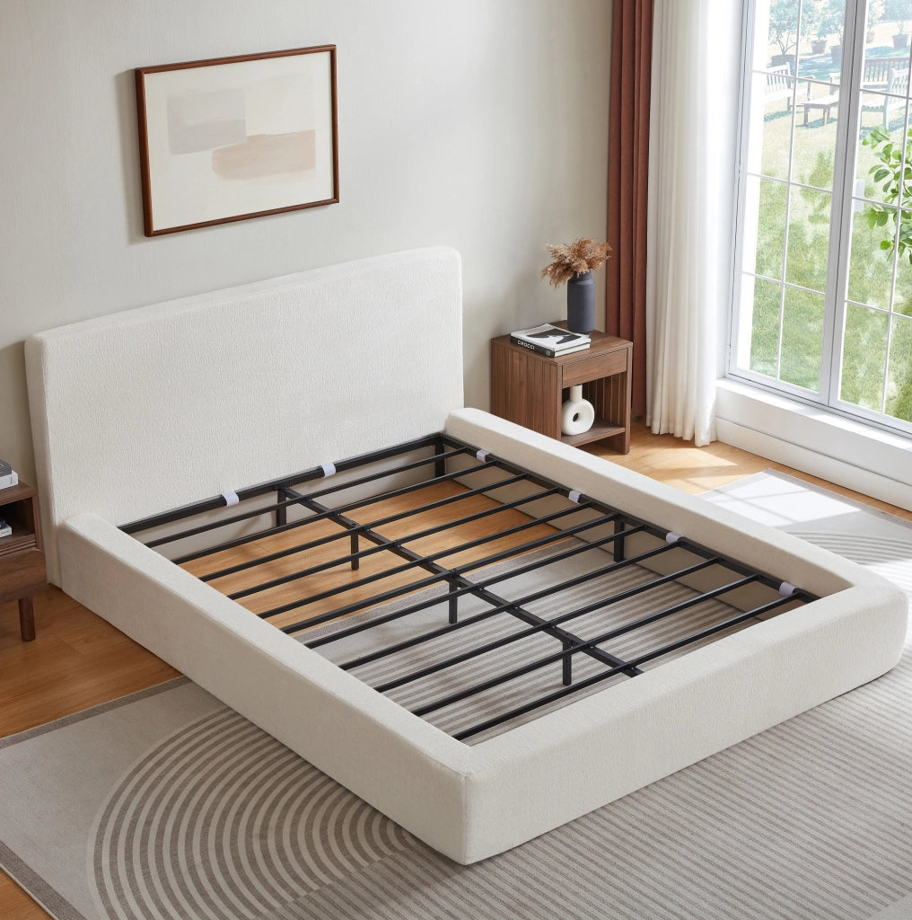 Letto Matrimoniale 160 x 200 cm con Testiera Imbottita e Struttura Rinforzata 227 x 184 x 97 cm Bianco Crema - Senza Materasso